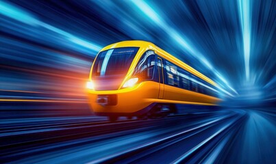 Poster - Yellow Train Moving Rapidly with Motion Blur on Blue Background