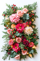 Aufkleber - A vibrant wall display adorned with roses, poinsettias, and greenery, enhanced by twinkling lights, creating a festive Christmas atmosphere