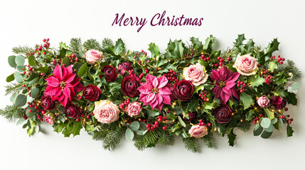 Poster - This decorative display showcases an array of festive flowers and foliage, including poinsettias and holly, with the words Merry Christmas elegantly featured