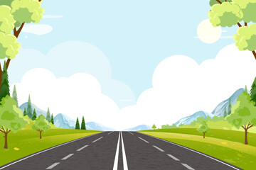 Wall Mural - spring landscape with asphalt road green fields,mountain,blue sky and clouds background,horizon peac