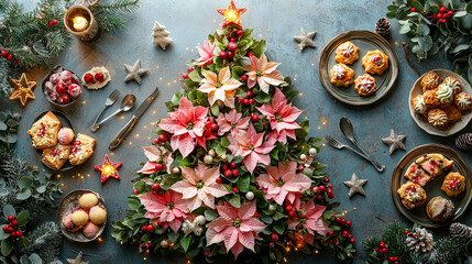 Aufkleber - A beautiful arrangement showcases a poinsettia tree at the center, surrounded by delicious holiday cookies and decorations, perfect for Christmas festivities
