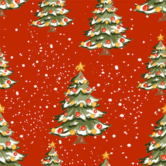 Wall Mural - Hand drawn seamless pattern Christmas trees with snow on a festive red background vector illustration