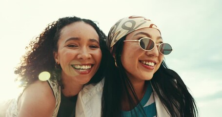 Wall Mural - Face, laughing and wind with friends on beach together in summer for holiday, travel or vacation. Blow a kiss, portrait and pout of happy women on coast for bonding, love or weekend wellness