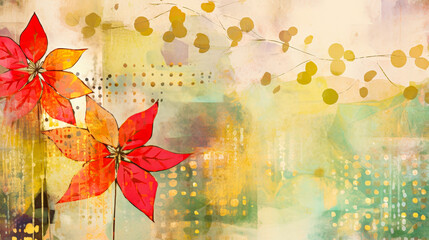 Fototapete - Red holly blossoms emerge against a colorful abstract background, highlighting artistic creativity and the beauty of nature in a harmonious blend