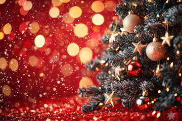 Poster - The Christmas tree features shimmering ornaments, gold stars, and a backdrop of soft, glowing lights in a warm, festive setting