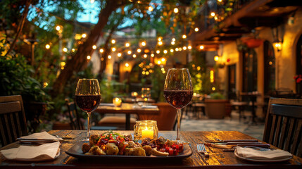 Poster - Enjoy a romantic dinner with exquisite dishes and wine, surrounded by warm string lights and lush greenery in the evening