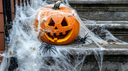 A jack-o'-lantern surrounded by thick spiderwebs and black spiders, resting on stone steps, creating a classic and creepy Halloween decoration.