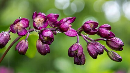 Wall Mural - Vibrant purple orchids glisten with raindrops under soft natural light in a lush garden setting