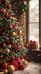 Wall Mural - christmas tree decorated with red and gold ornaments