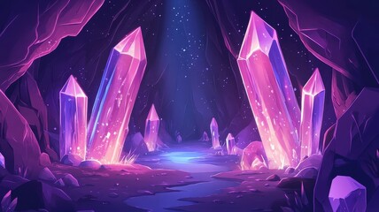 Wall Mural - A mystical cave illuminated by vibrant pink crystals, creating a magical atmosphere filled with sparkling light and deep shadows.