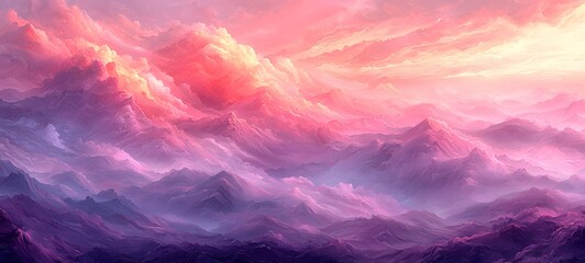 Wall Mural - dreamlike pink and purple mountain landscape with glowing clouds and soft light from a radiant sunri