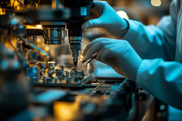 Aufkleber - Hands of a production technologist skillfully working in a lab