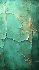Wall Mural - worn teal and green wall texture with intricate cracks and earthy brown patches, suitable for vintag
