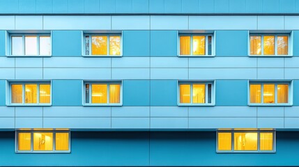 Wall Mural - Modern architectural facade with symmetrical windows glowing warmly at dusk in a stylish blue exterior, showcasing contemporary urban design and lighting aesthetics.