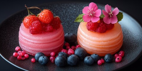 Two exquisite layered desserts sit elegantly on a dark plate, adorned with fresh strawberries, raspberries, and delicate flowers, creating a feast for the eyes