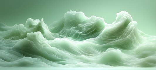Wall Mural - dynamic flowing green waves with fine lines creating a fluid motion against a soft gradient green ba
