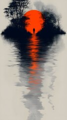 Wall Mural - silhouette of a person walking into a bright red sun over a calm reflective lake with trees and foli