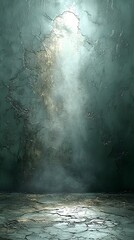 Wall Mural - dramatic cracked wall with teal and golden textures, illuminated by a diffused light and misty atmos