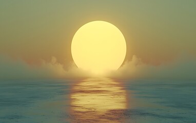 Wall Mural - vibrant golden sunset over calm reflective water, surrounded by misty atmospheric clouds in a tranqu