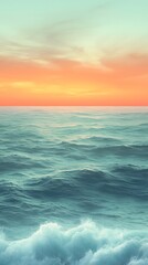Wall Mural - golden sun setting over rippling teal waves under a starry sky with dramatic shadowy clouds and a gl