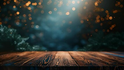 Wall Mural - abstract blurred bokeh lights with pine branches on wooden table background
