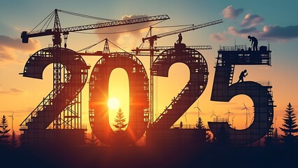 Happy new year 2025 real estate construction creative background.