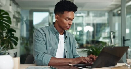 Poster - Research, typing and man in office with laptop for business plan, growth or development of creative ideas. Thinking, writer and designer at desk for online report, review or search at digital agency