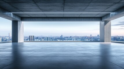 Wall Mural - Open car parking garage business center at height with city view. Product display mockup empty roof