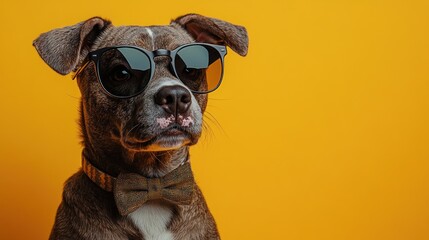 Wall Mural - Stylish dog wearing sunglasses and a bow tie poses against a vibrant yellow background