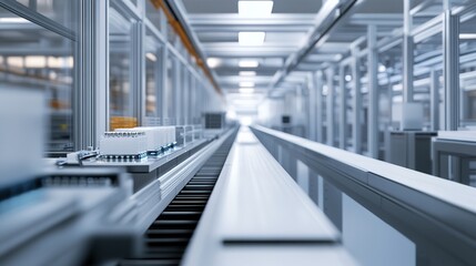 Poster - A cutting-edge factory assembly line handling intricate electronic components.