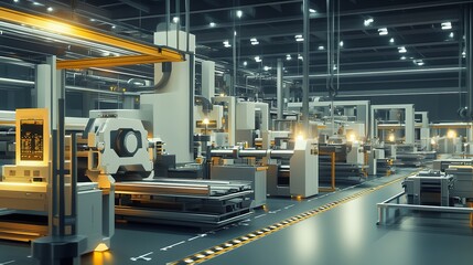 Poster - A modern factory assembly line with fully automated machinery.