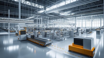 Poster - A modern factory assembly line with fully automated machinery.