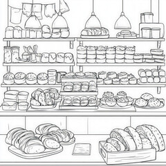 Wall Mural - A charming bakery with fresh bread and pastries, coloring page for kids, simple outline illustration. Coloring book, simple lines.