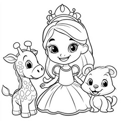 Sticker - A princess playing with her animal friends, coloring page for kids, simple outline illustration. Coloring book, simple lines.