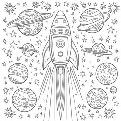 Wall Mural - A space expedition to different planets, coloring page for kids, simple outline illustration. Coloring book, simple lines.