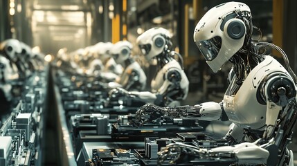 Poster - An advanced assembly line with robots assembling complex products.