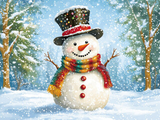 Wall Mural - Cheerful Snowman Wearing A Classic Top Hat And A Colorful Scarf, Set Against A Snowy Landscape With Trees Lightly Dusted In Snow, Under A Clear Blue Winter Sky