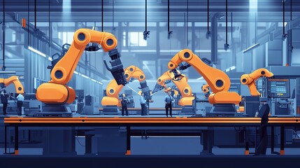 Poster - an industrial assembly line for automotive production with robots and workers.