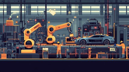 Poster - an industrial assembly line for automotive production with robots and workers.