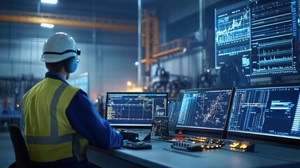 Poster - Engineers analyzing real-time data in an industrial factory control room.