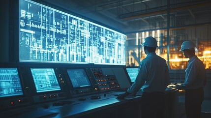 Poster - Engineers analyzing real-time data in an industrial factory control room.