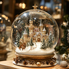 Wall Mural - Enchanting Globe Featuring A Fairy-Tale Castle Surrounded By A Snowy Landscape And Sparkling Stars Within The Clear Glass