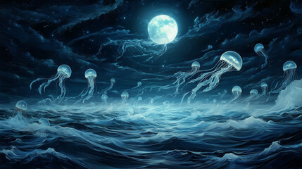 Wall Mural - A swarm of jellyfish gently pulsating in unison, their translucent bodies glowing softly in the moonlit sea