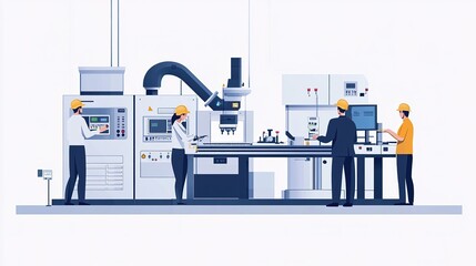Poster - Factory workers using precision tools to ensure the proper functioning of machines.
