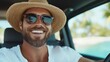 © Lens Legacy - A cheerful man enjoys a sunny day drive, featuring a stylish straw hat and sunglasses while sitting comfortably in his car, reflecting a laid-back vacation vibe.