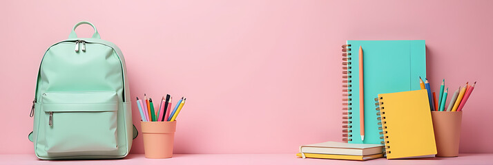 Aufkleber - Open sage backpack features stationery, colorful copybooks, diary, and pens on a soft pastel pink background with plenty of empty space._00001_