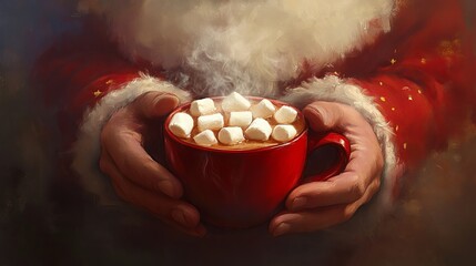 Santa holds a mug of hot cocoa or latte for Christmas. Santa Claus' hands hold a red cup with a steaming hot drink adorned with marshmallows. It's perfect for a banner, greeting card, invitation