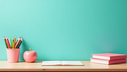 Aufkleber - This stunning setup transforms your learning space with a top view of girlish essentials against a teal backdrop and empty space for text._00001_
