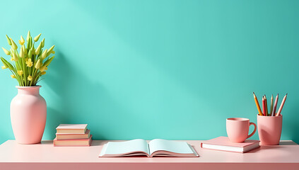 Aufkleber - This stunning setup transforms your learning space with a top view of girlish essentials against a teal backdrop and empty space for text._00002_