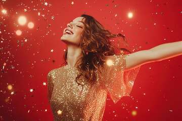 Wall Mural - Portrait of happy and excited beautiful young woman surrounded with confetti	